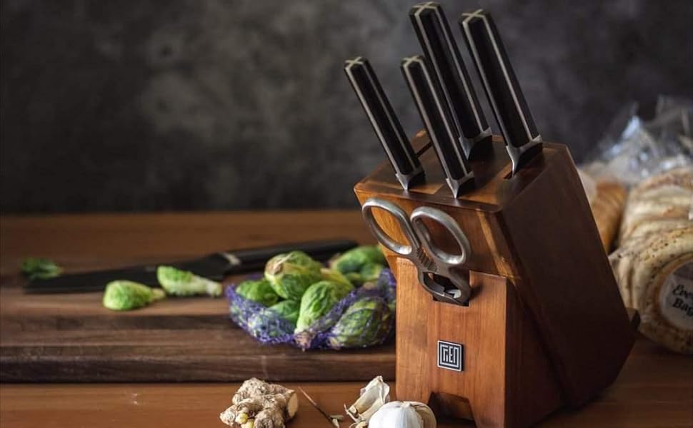 Набір ножів 14 предметів з бруском, кухонний набір ножів з дерев'яним бруском, ножі з німецької сталі X50CrMoV15 (кухонний ніж, сантоку, ніж для стейка, ніж для чищення, ножиці)