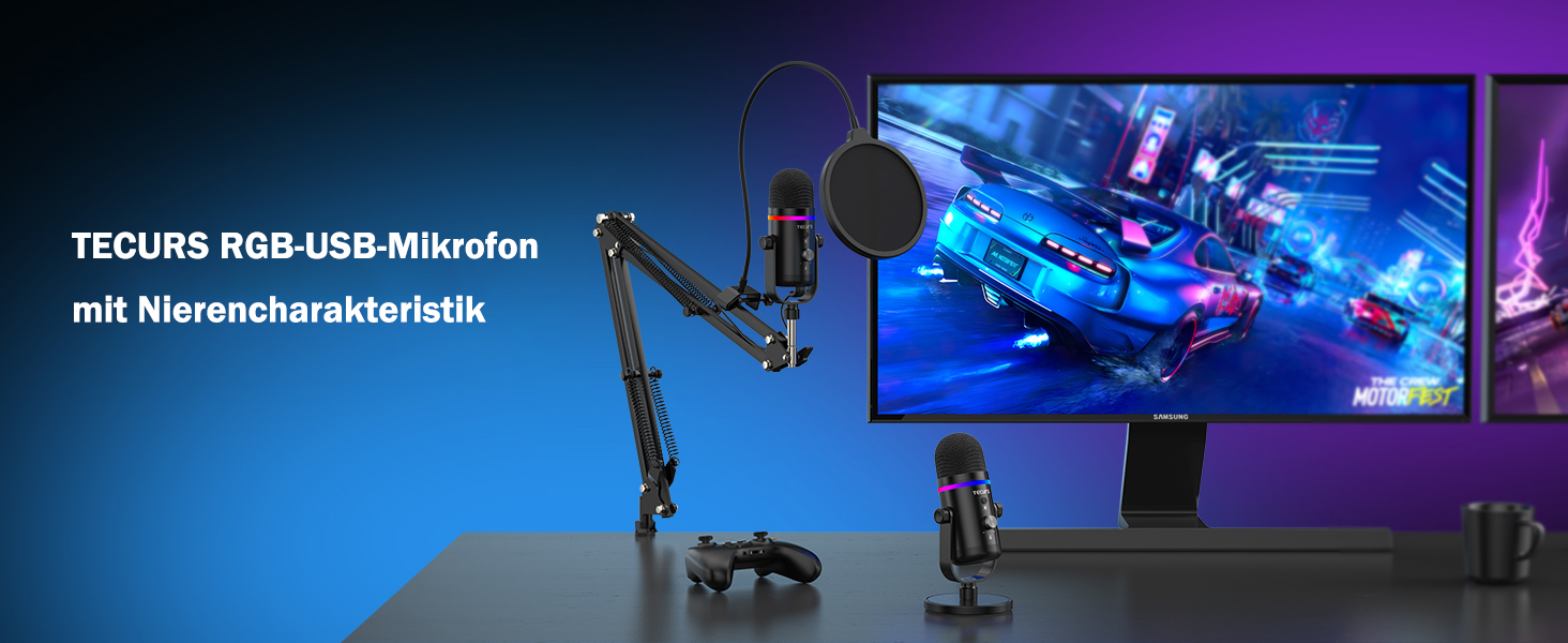 TECURS Мікрофон USB для ігор з RGB підсвічуванням, шумозаглушенням та студійним звуком – для стрімінгу, подкастів, PC, Mac, PS4, консолі, чорний