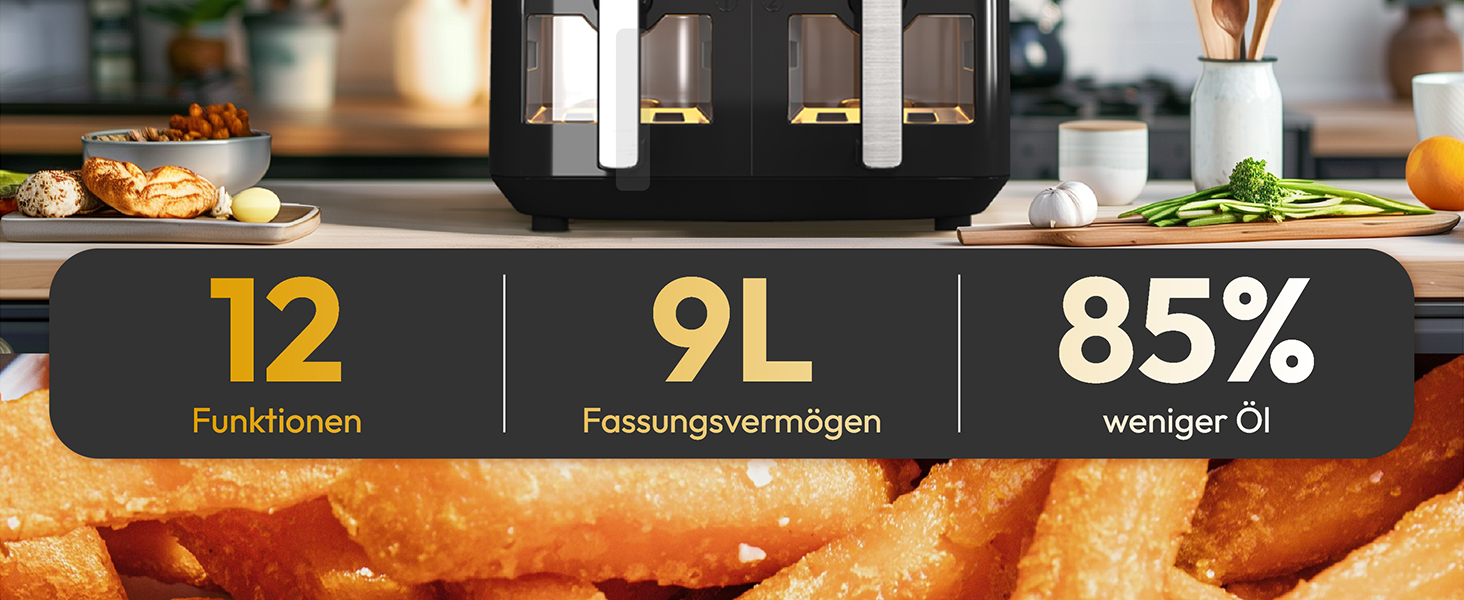 Аерофритюрниця LLIVEKIT 9L з двома камерами (4.5L+4.5L) та вікном перегляду, мультипіч 9-в-1 з сенсорним керуванням та таймером, чорна