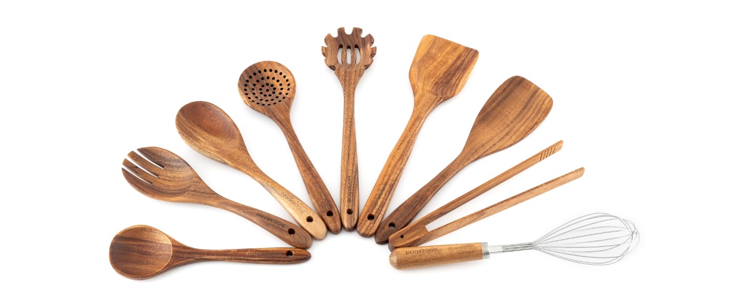 Набір кухонних помічників з дерева (9 предметів): щипці для гриля, вінчик, лопатка, ложка, шумовка. Матеріал: теак.
