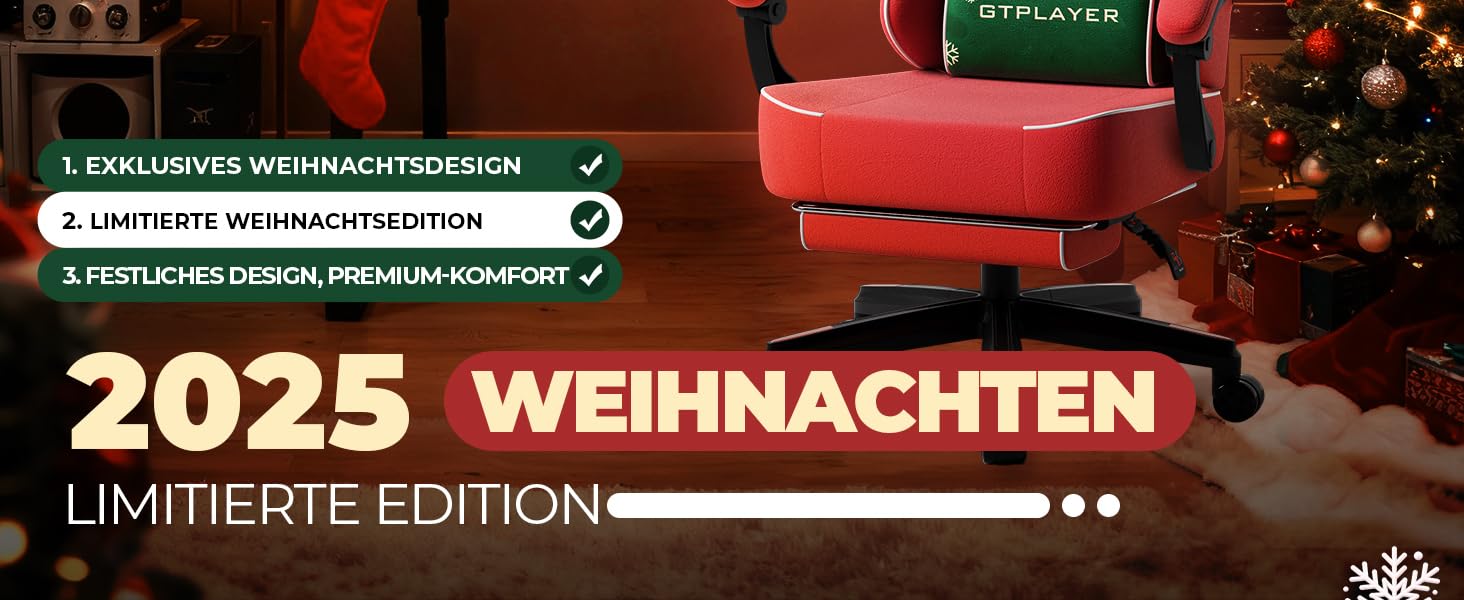 Ігровий крісло GTPLAYER з різдвяним мотивом, з підніжкою, широке сидіння, з подушкою для спини та синхронізованими підлокітниками для великих людей, велюр, червоний, на Різдво