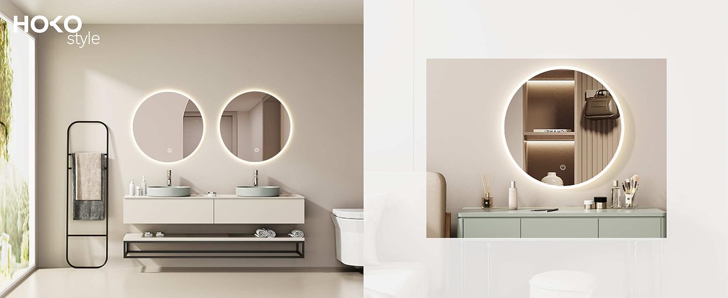 Дзеркало для ванної кімнати HOKO Design Riga, кругле, 60 см, з металевим каркасом, LED-підсвічування, сенсорне управління, регулювання кольору світла (80x80 см, срібло)