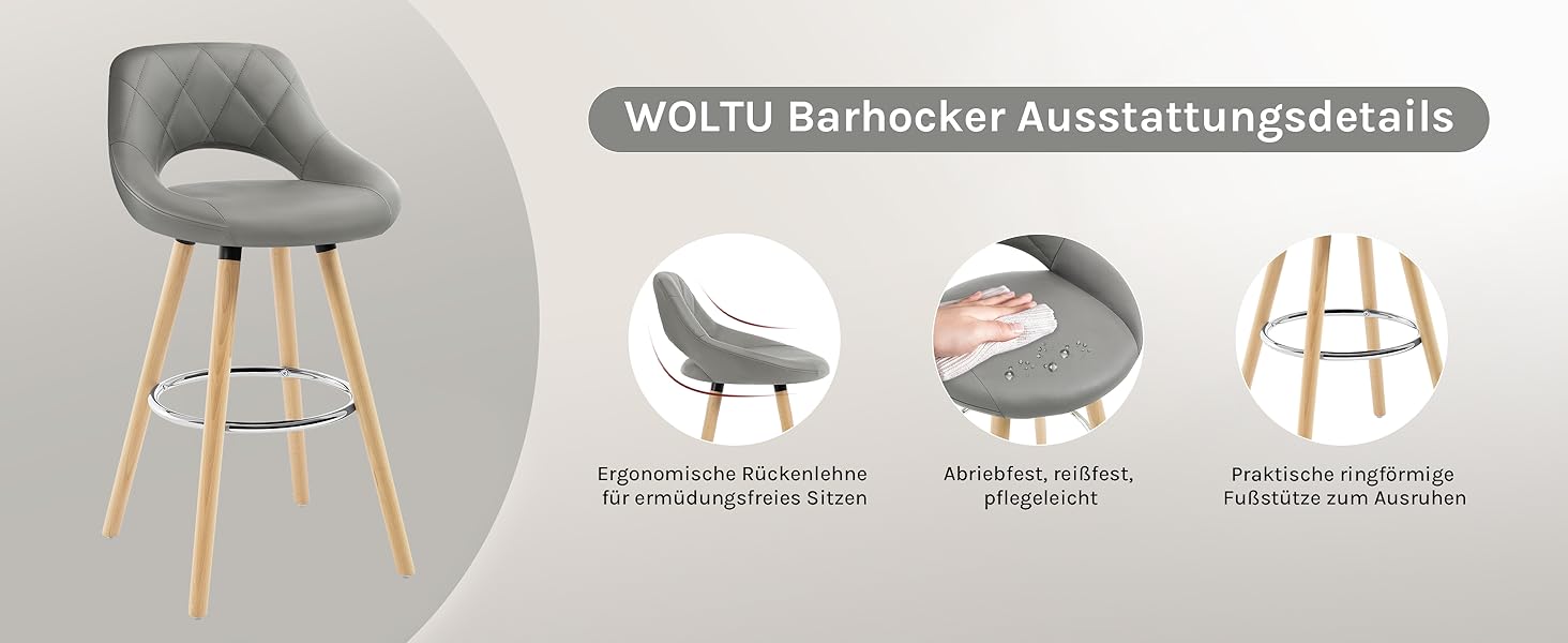 Барні стільці WOLTU 4 шт. з підніжкою, з підлокітниками, з штучної шкіри, для кухні, бару, кафе, ресторану, сірі