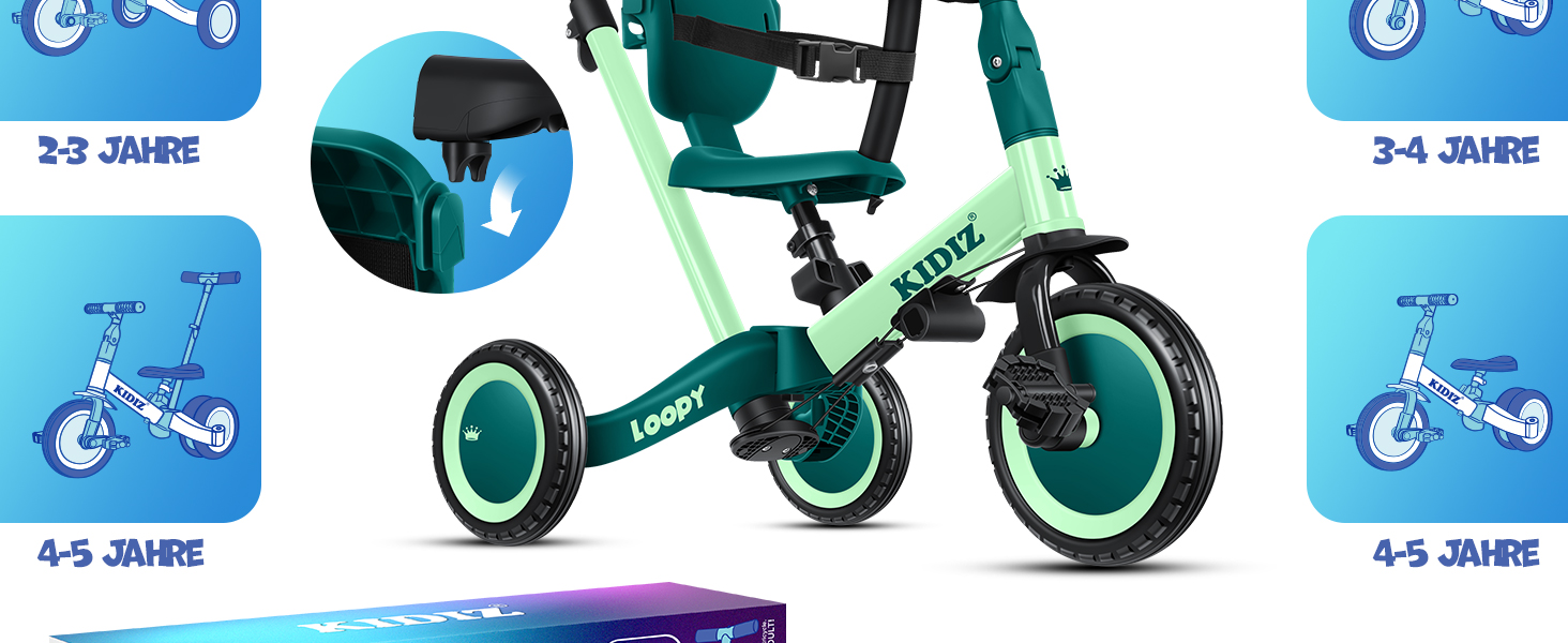 Біговел-триколіс KIDIZ 6-в-1 для дітей 1-5 років до 25 кг, з ручкою, захисним бампером, ременем безпеки, дзвінком та дзеркалом (зелений)