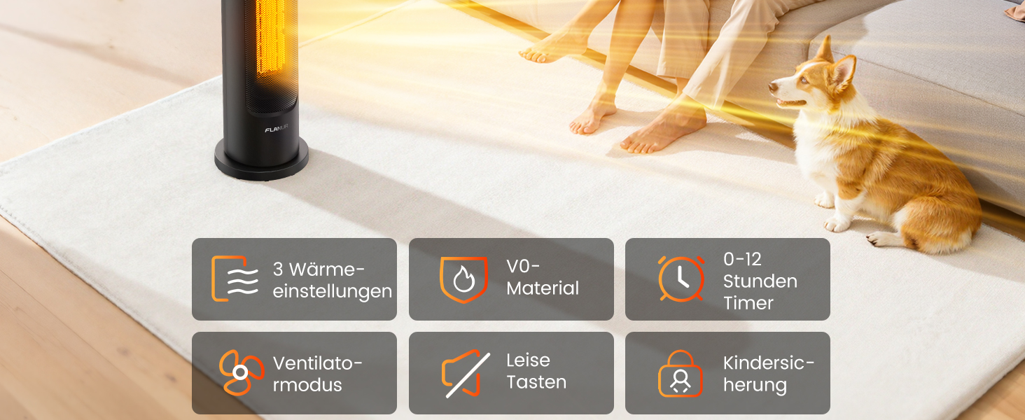 Електричний обігрівач 1500W з PTC-керамічним нагрівачем, портативний з термостатом та ECO-режимом, 4 режими, цифровий дисплей, таймер 12 годин, тихий (35dB), чорний (60см)