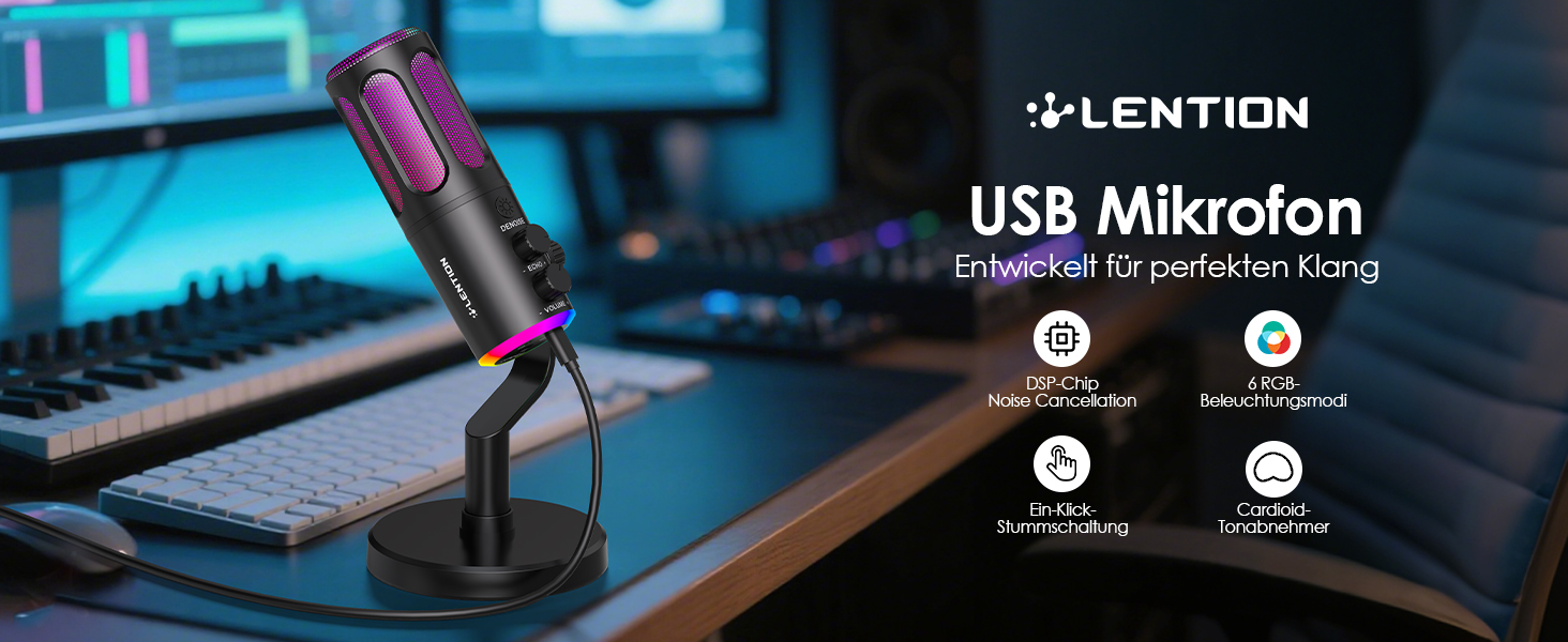 USB мікрофон LENTION: конденсаторний мікрофон для геймінгу, стримінгу, подкастів та караоке. Підходить для ПК, Mac, PS5, PS4, телефону. Plug & Play, кардіоїдний, з USB кабелем 1.8м