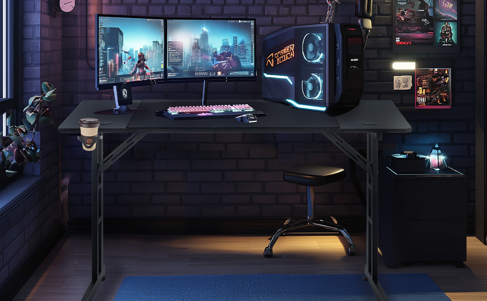 Ігровий стіл 120x60 см з А-подносінням, стіл для комп'ютера з тримачем для напоїв та гачком для навушників, карбонове покриття, стійкий, ергономічний для дому та офісу