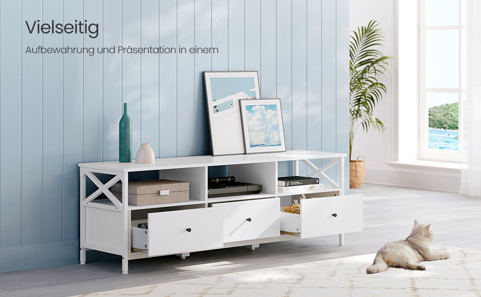 Тумба під телевізор VASAGLE, 120 см, з 2 шухлядами та відкритими полицями, для телевізора до 55 дюймів, сталевий каркас, вінтажний колір, LTV300B01