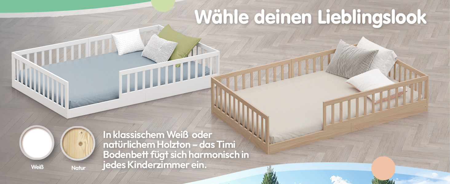 Ліжко дитяче CADANI Timi 2в1 Montessori 120x200 см з бортиками, ламелі, масив сосни, біле - 3 варіанти збірки, до 200 кг