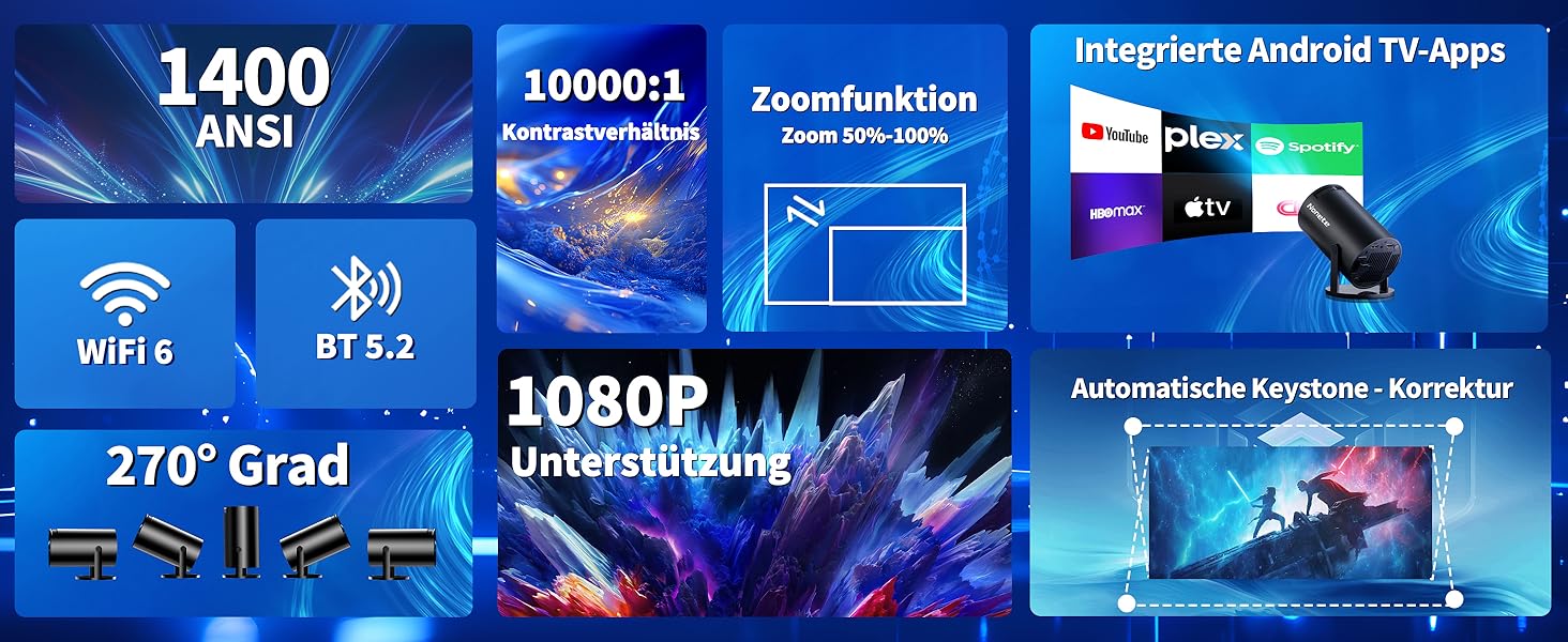 Beamer 4K: Міні проєктор з WiFi 6, Bluetooth 5.2, Android, 270° оберт, Auto Keystone, для PC/HDMI/USB, з мишкою та пультом, білий (20-Black)