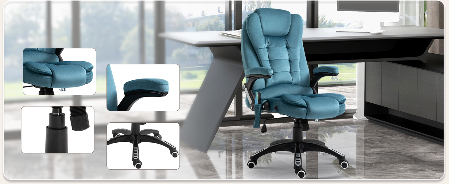 Крісло офісне Vinsetto з масажем, підігрівом, регулюванням нахилу та функцією лежання, блакитне, з кишенькою, з велюру, для офісу та дому