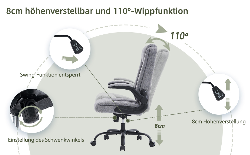 Офісний крісло CASTLOVE Ергономічне, для дому та офісу, сірого кольору, з підлокітниками, регулюванням висоти та нахилу, з підголівником, 150 кг, тканина