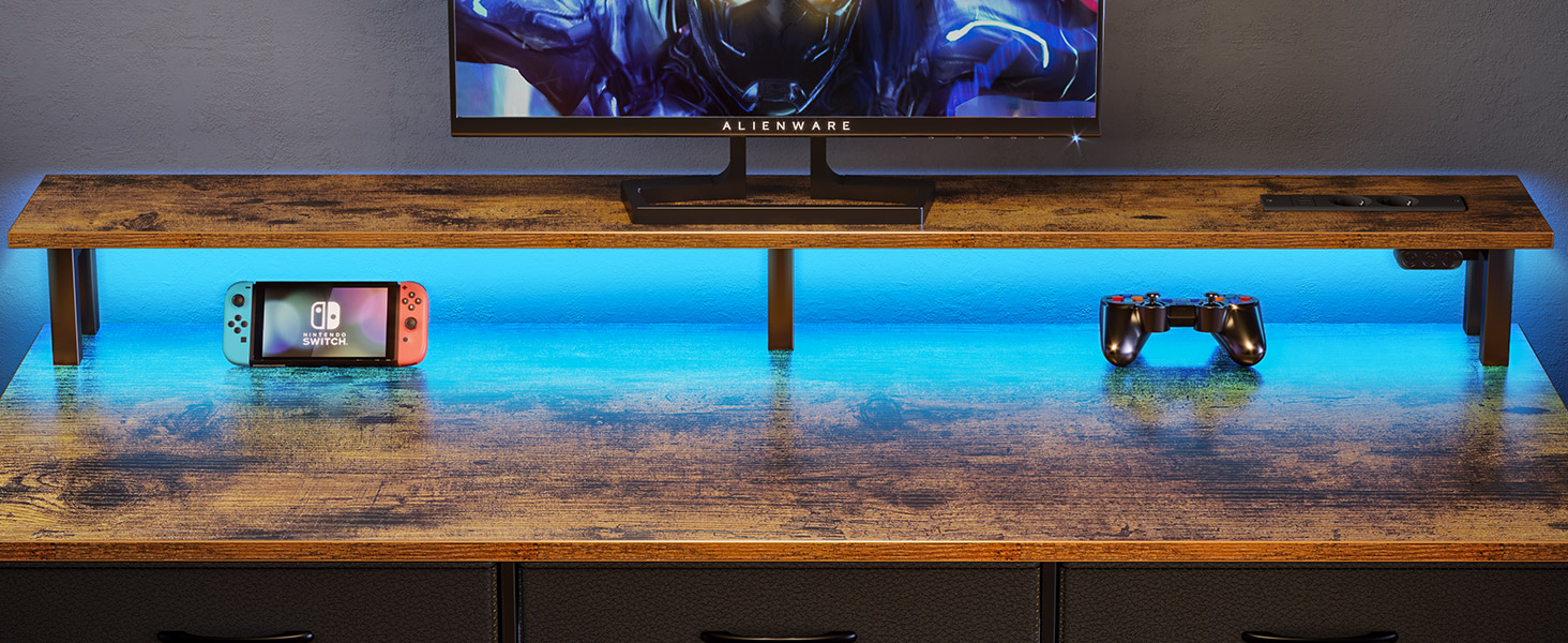 Комп'ютерний стіл Rolanstar з ящиками, розетками та LED підсвіткою, ігровий стіл з підставкою для монітора, полиця та 2 гачки, для офісу та вітальні (білий, 100x47x90,5 см)