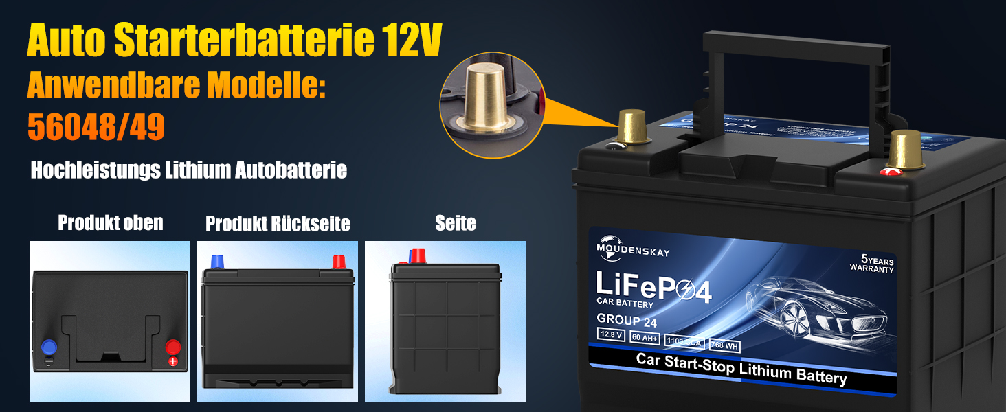 Автомобільний стартерний акумулятор MOUDENSKAY 12V 60Ah LiFePO4 із захистом BMS, CCA1100, DIN75/57519/57217/AGM-H6-70