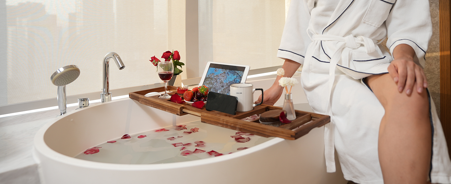 Підставка для ванни VaeFae з текового дерева, регульована, з тримачем для напоїв та книг, висувна, з безкоштовною тековою щіткою для тіла