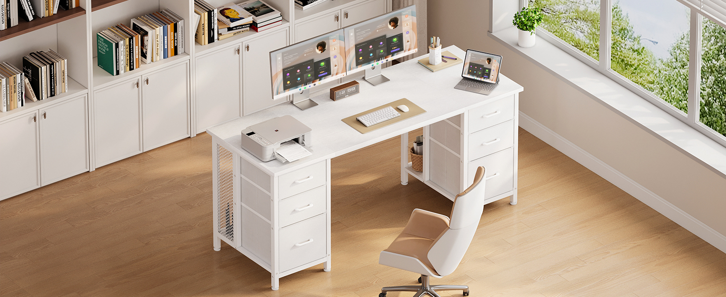 Комп'ютерний стіл Coleshome білого кольору з 6 шухлядами та полицями, 160x52 см, для дому та офісу