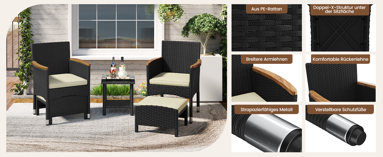 Набір садових меблів Yaheetech з ротангу для балкона та тераси: 2 крісла, 2 пуфи, столик - чорний та бежевий