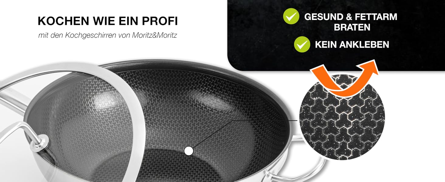 Вафельниця Moritz & Moritz з нержавіючої сталі 30 см з керамічним покриттям нового покоління - підходить для всіх типів плит - антипригарний вок з вафельною структурою для смаження, тушкування та варіння (з кришкою)