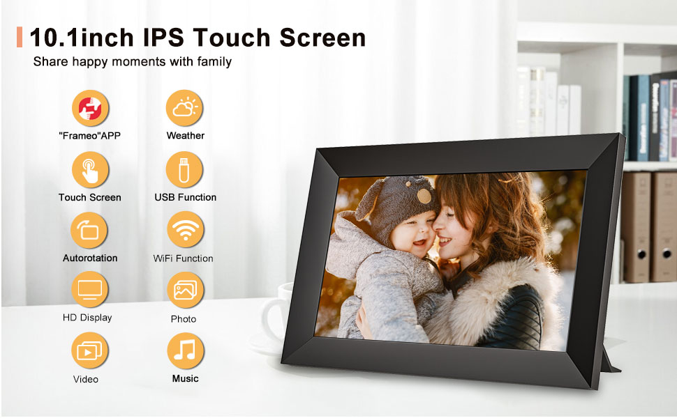 Цифровий фоторамка 10.1 дюйма з Wi-Fi, IPS-екраном та 32GB пам'яті | Frameo App, дистанційне керування зі смартфона, календар, погода