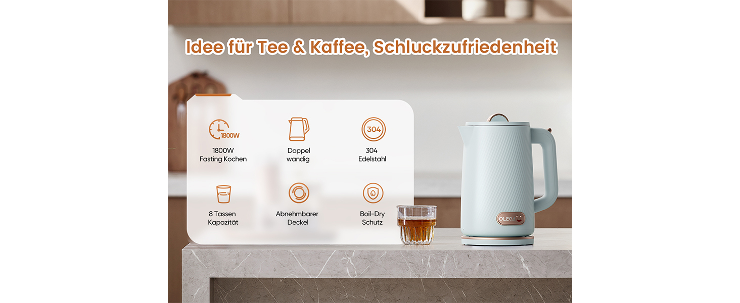 Електричний чайник OLEGA 1.8L, 1800W, нержавіюча сталь, автоматичне відключення, захист від сухого кипіння, блакитний