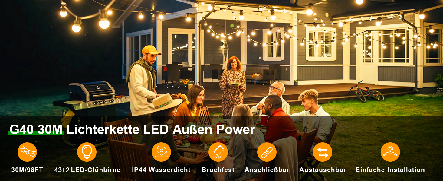 LED гірлянда вулична 30м, тепла біла, диммована, з таймером, IP44, для саду, балкона, вечірки