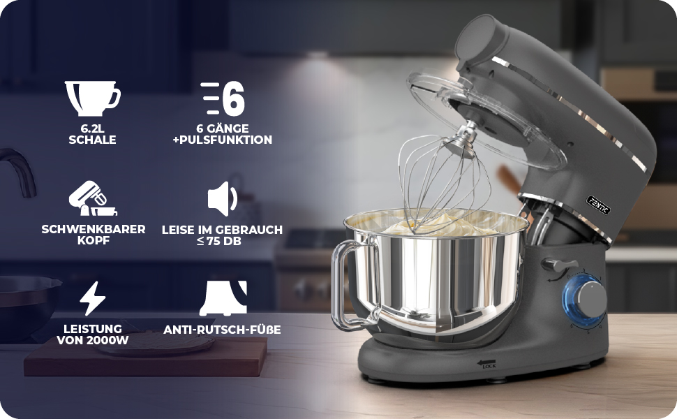 Кухонна машина з тістомісом та спагетницею – 2000W, з нержавіючою сталею, 6.2L, сірий колір