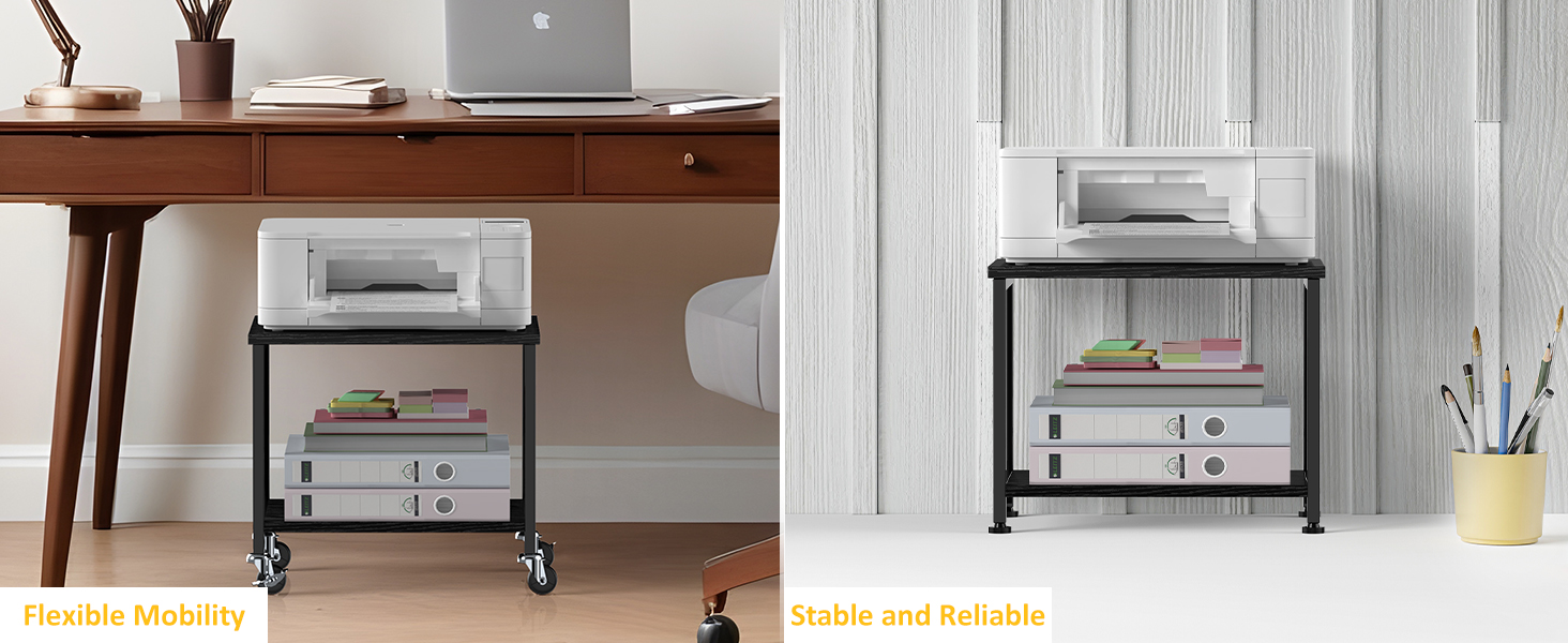 Двоярусний стіл для принтера з роликами, 30x42x37 см, дерев'яний та металевий, мобільний, для офісу та вітальні, чорний