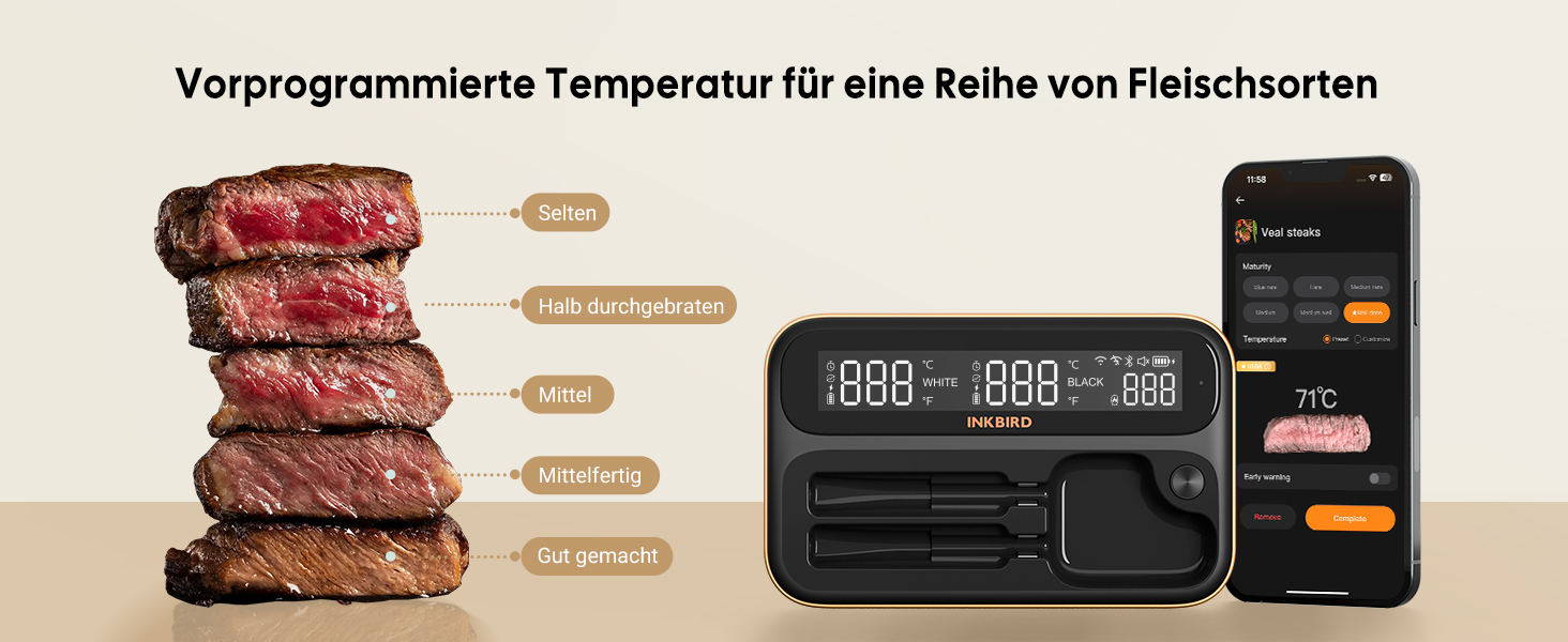 Бездротовий термометр Inkbird INT-12-BW для приготування на грилі, м'яса та випічки: Bluetooth 5.4, Wi-Fi, водонепроникний (IP67)