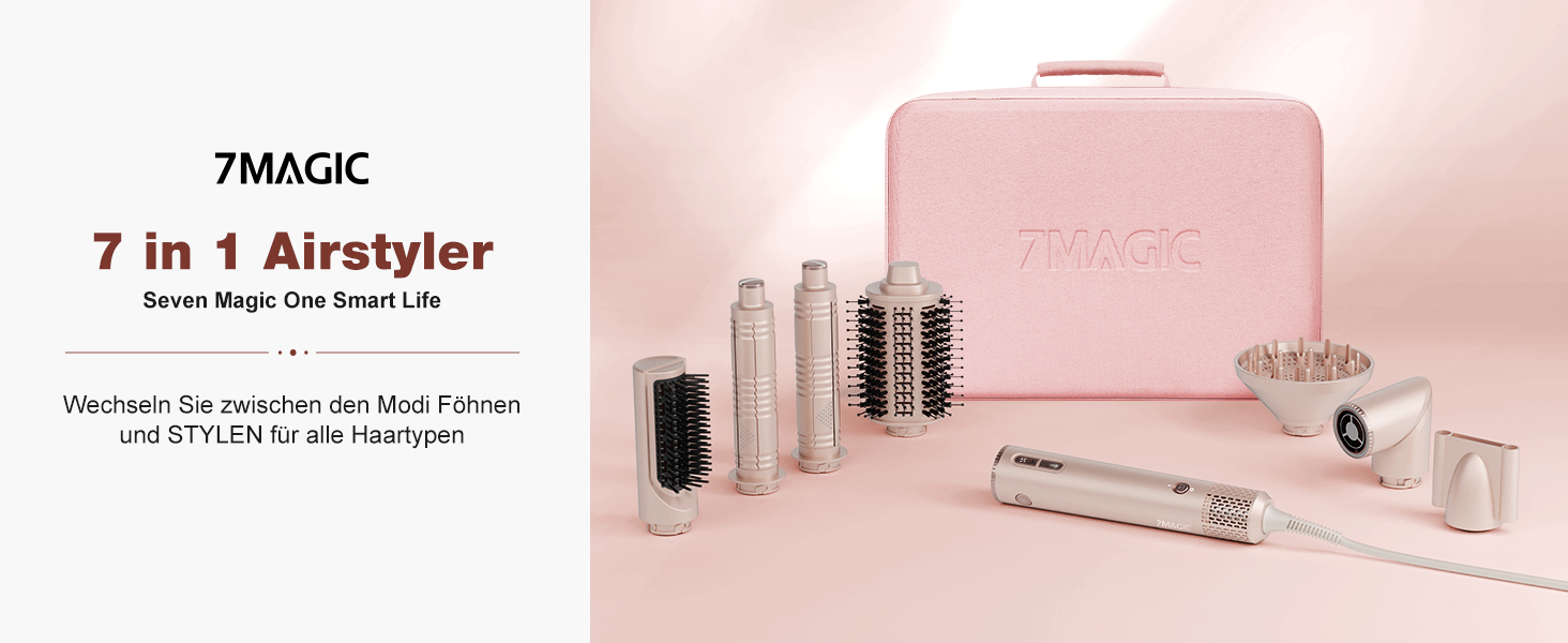 Стайлер для волосся 7 в 1 Airstyler: фен з дифузором та автоматична плойка для завивки, рожевий