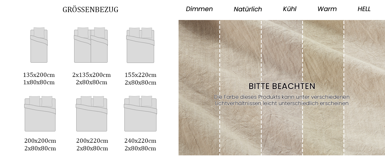 Комплект постільної білизни 200x220 з бавовни, бежевий, суперм'який, 100% бавовна, випрана, з льоноподібною текстурою, ÖKO-TEX, комплект 3 шт. (200x220 + 2 x 80x80)