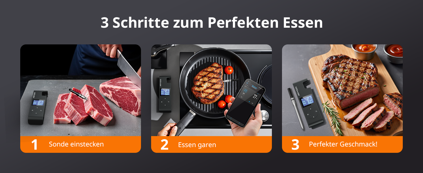 Бездротовий термометр для м'яса AIRMSEN з акумулятором 1000mAh, Bluetooth, LCD-дисплей, дальність 150м, керування через додаток, для приготування на грилі та барбекю, чорний