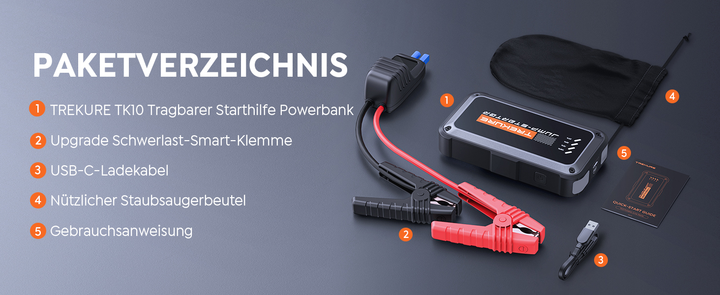 Бустер для автомобіля TREKURE 7000A: Пусковий пристрій (Powerbank) для бензинових двигунів до 9л та дизельних до 6.5л, з функцією примусового запуску, магнітним кріпленням та 4-в-1 LED робочим світлом, сріблястий