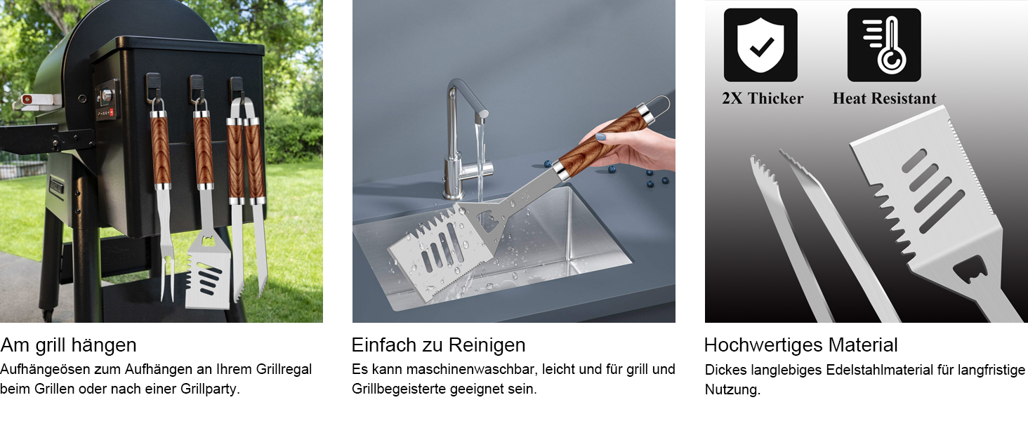 Набір гриль аксесуарів зі сталі 26 шт. Преміум якість, BBQ-гриль посуд у кейсі. Ідеальний подарунок для чоловіків з термометром.