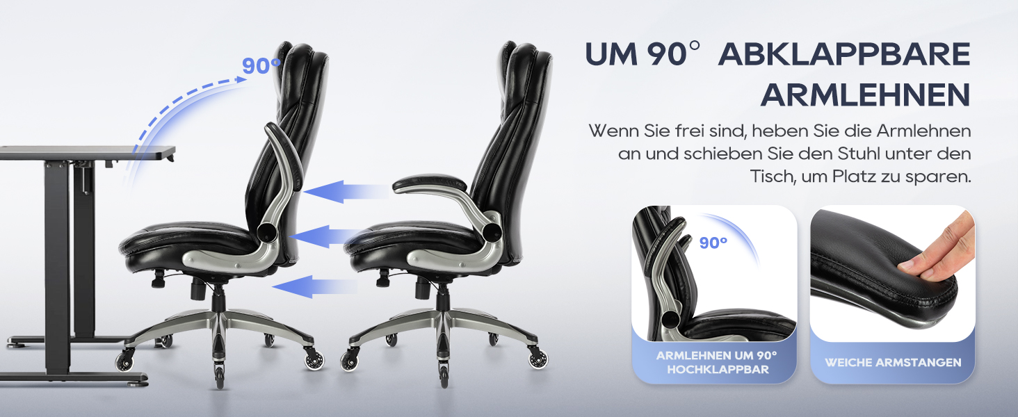 Крісло шеф COLAMY з дихаючої шкіри – ергономічне офісне крісло з пружинним блоком, відкидними підлокітниками та тихими роликами для дому та офісу, чорне