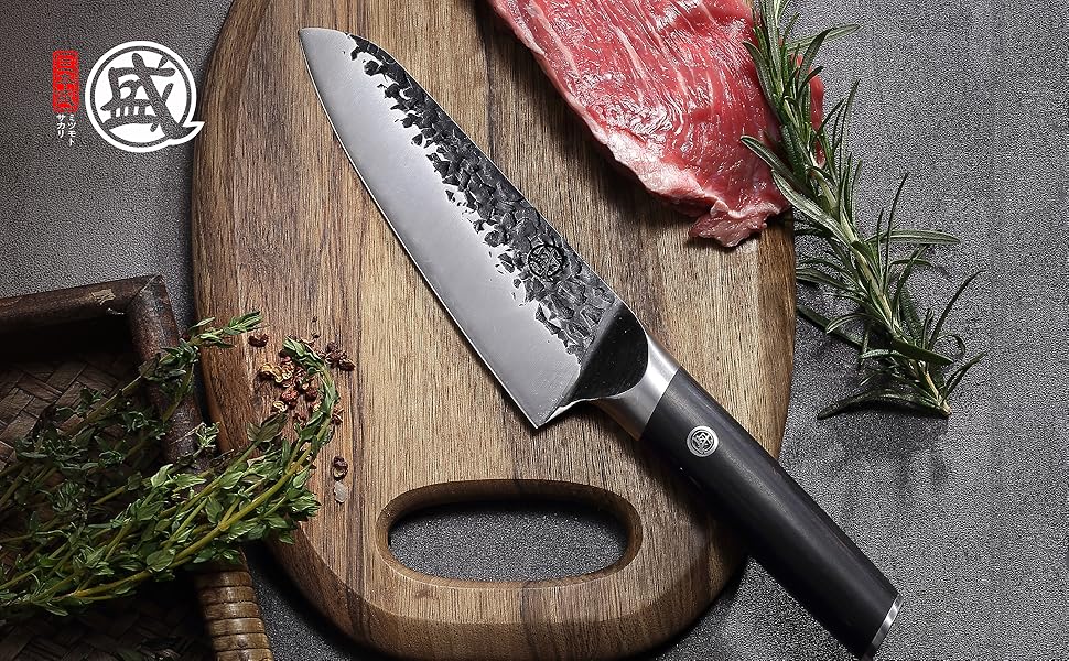 Японський ніж Santoku Mitsumoto Sakari 17 см, ручне ковадло, професійний (з ручкою з пакавуду)