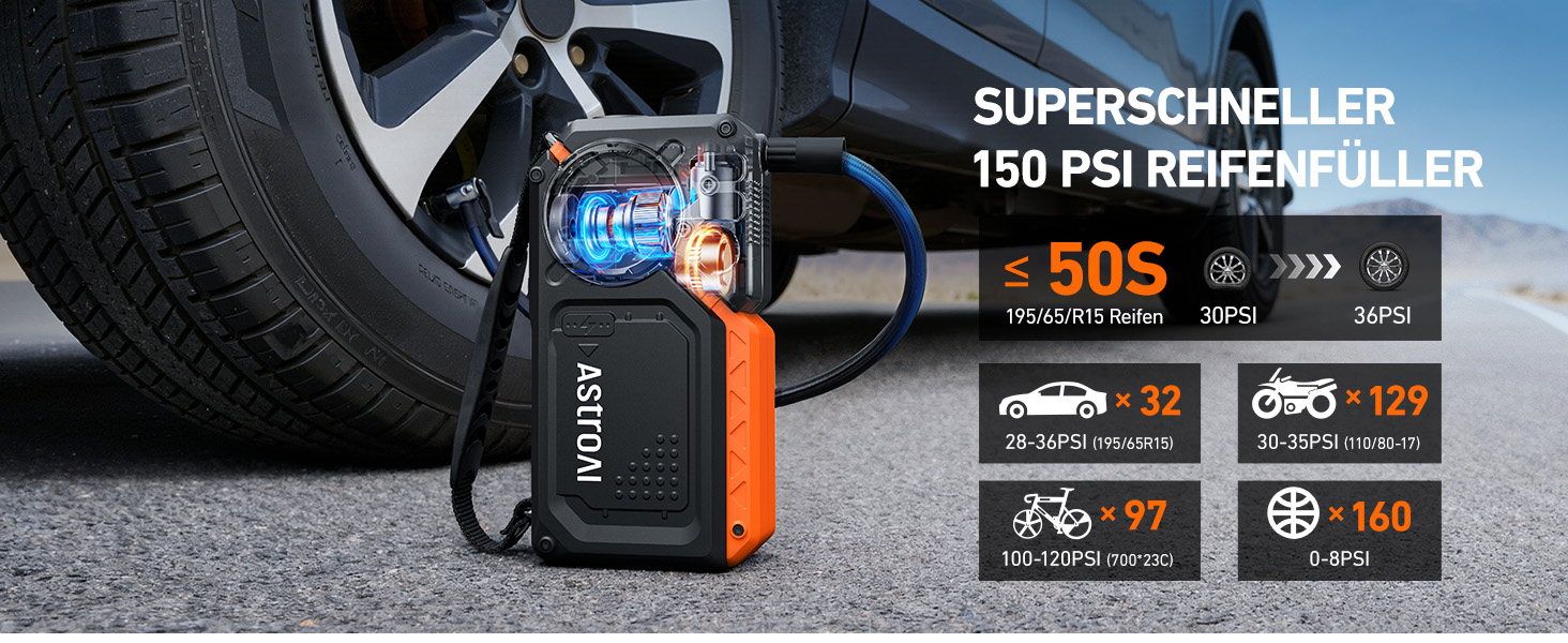 Пусковий пристрій AstroAI Starthilfe Powerbank для авто 8000А з компресором, помаранчевий