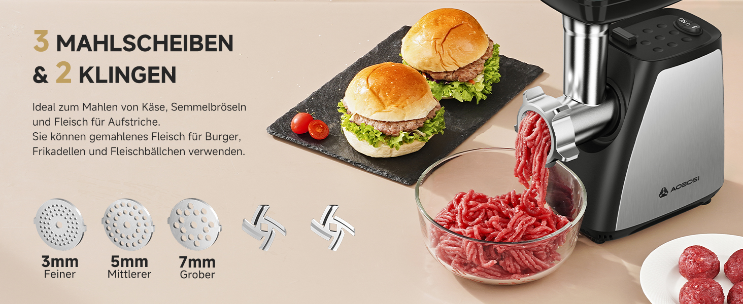 М'ясорубка електрична AAOBOSI 3-в-1, 2800 Вт, нержавіюча сталь: з насадками для ковбас та кубебе, 2 ножі, 3 решітки для дому