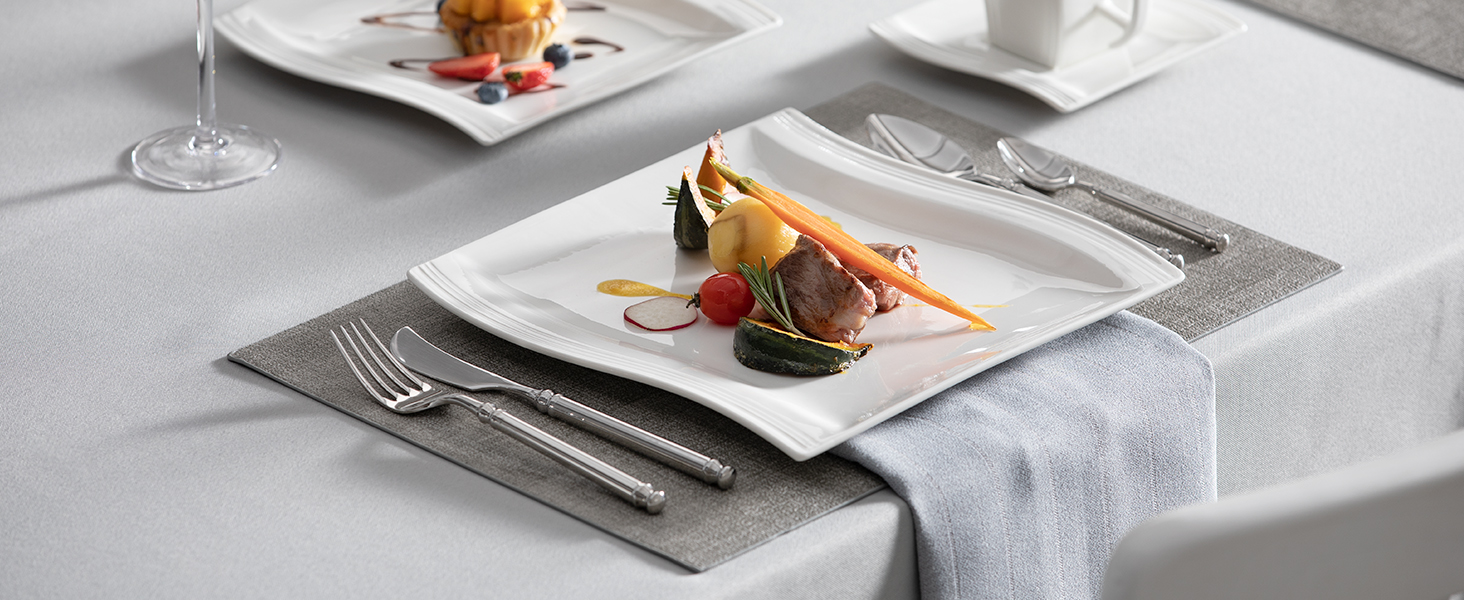 MALACASA Серія Flora – 60-елементний посудний сервіз для 12 осіб – кремово-білий порцелан з квадратним дизайном (тарілки, чашки, блюдця) – підходить для миття в посудомийній машині та для використання в мікрохвильовій печі