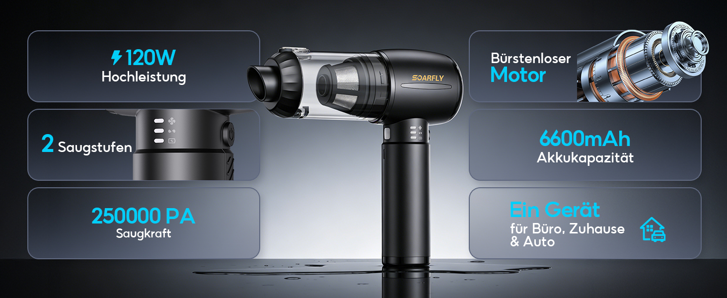 Акумуляторний ручний пилосос SoarFly 4 в 1, 25000Па, бездротовий міні-пилосос для авто, дому та ПК з безщітковим двигуном, LED-підсвіткою та набором щіток, чорний