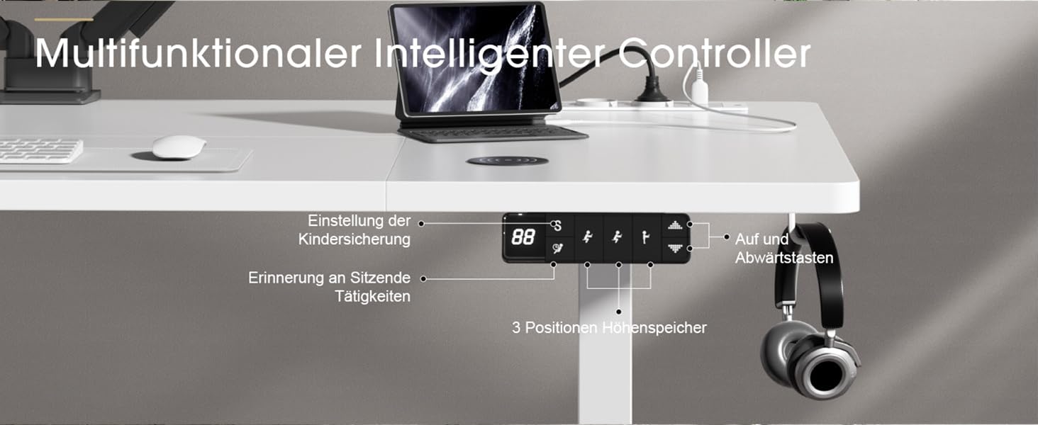 Електричний стіл JUMMICO з регулюванням висоти, бездрожною зарядкою та євро-розеткою USB, 160x80 см (білий)