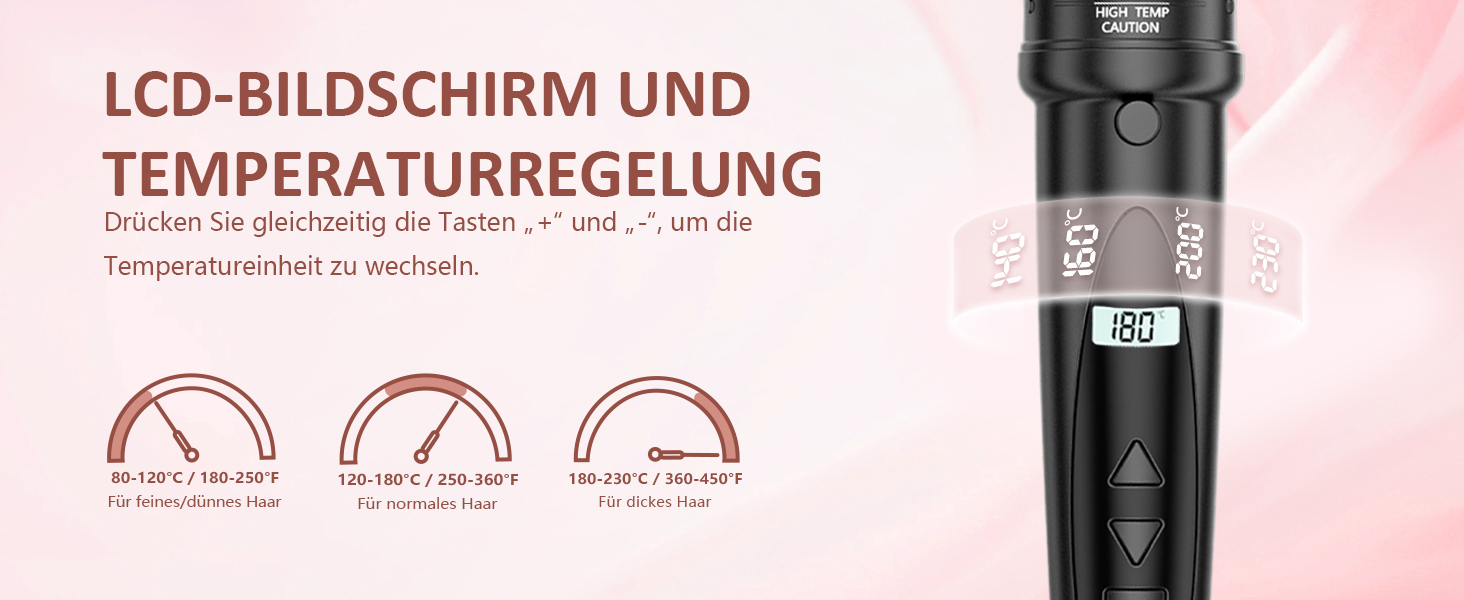 Локшик для волосся NWOUIIAY 6 в 1 з LCD-дисплеєм, керамічне покриття, мультифункціональний, змінне насадки, для великих та маленьких локонів, рукавички, регулювання температури, рожевий
