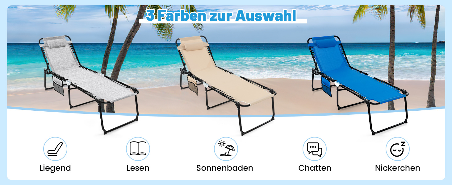 Шезлонг для саду Costway з підголівником та кишенею, висока посадка, регульована спинка, вантажопідйомність до 150 кг, сірий (188 x 59 x 41 см)