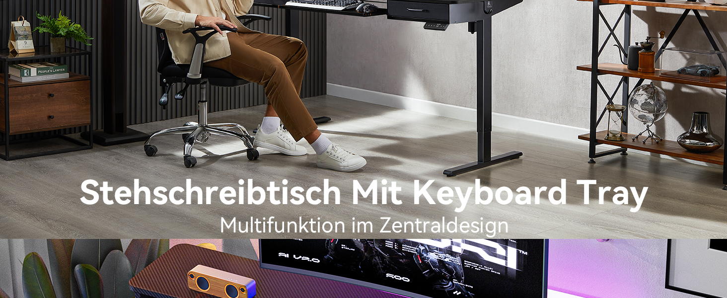 Регульований за висотою стіл Höfer з підставкою для клавіатури, 160x60 см. Стіл для комп'ютера з 2 шухлядами, підставка для монітора для дому/офісу, чорний 160 x 60 см