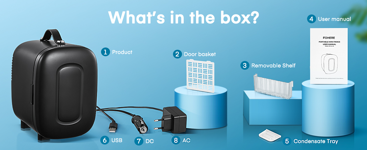 Міні холодильник FOHERE 5 літрів / 6 банок, USB живлення, 220V AC/12V DC, для напоїв та косметики, білий (чорний)