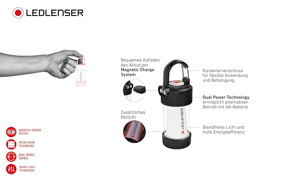 Світлодіодний ліхтар Ledlenser, акумуляторна батарея 14500, 300 люмен, без відблисків (запатентовано), працює до 40 годин, червоне світло, працює від батареї AA, карабін, на відкритому повітрі, в кемпінгу (ML4)