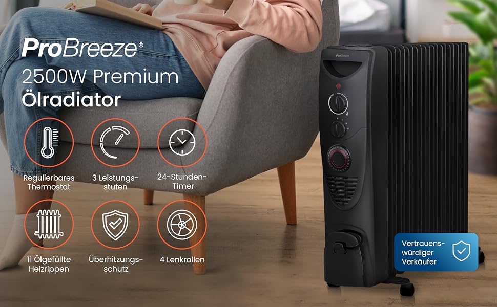 Масляний обігрівач Pro Breeze 2500W, електричний радіатор з 11 секціями, 3 режимами нагріву, термостатом та 24-годинним таймером, захист від перегріву та перекидання, чорний