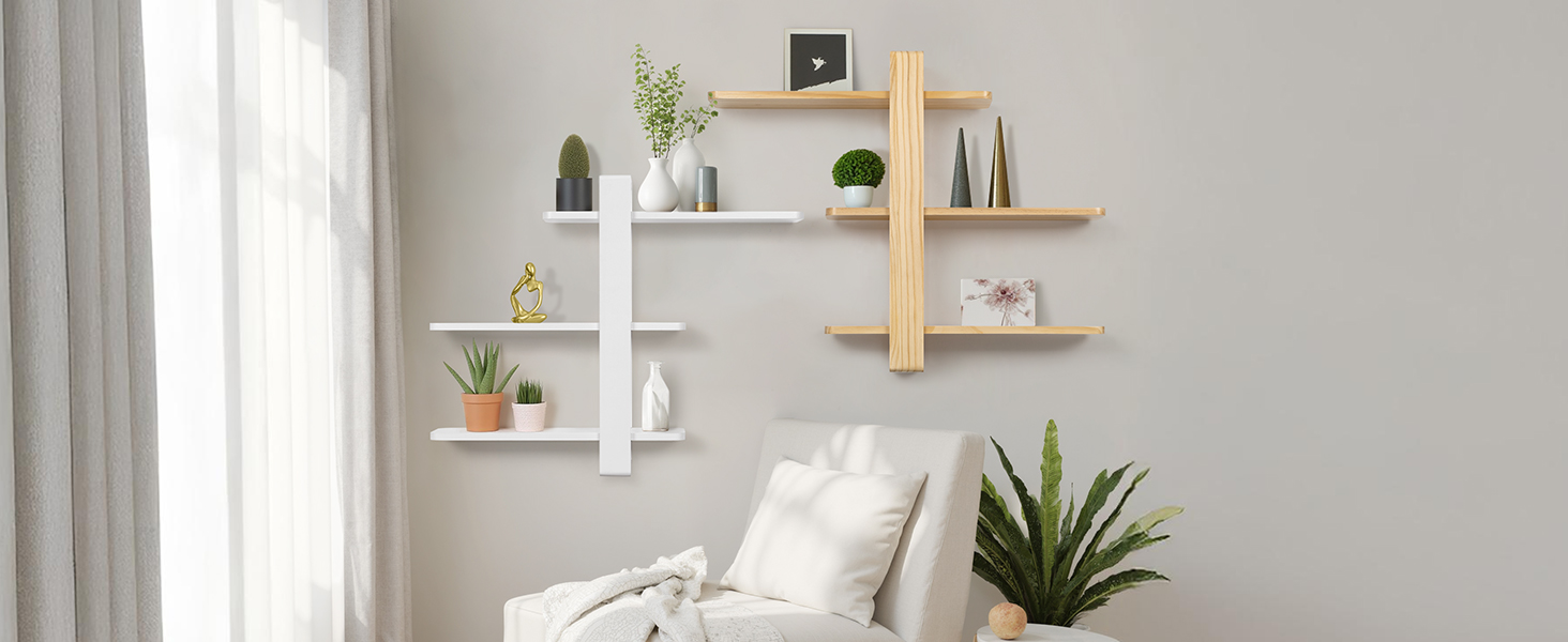 Полиця настінна SUMGAR з дерева, плаваюча, три яруси, 50x58 см (біла/дерево) для вітальні, спальні