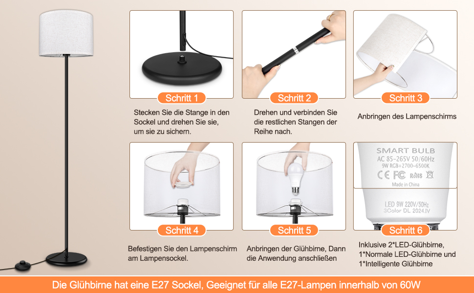 LED торшер димований RGB 156 см для вітальні, управління через додаток, сумісний з Alexa/Google Assistant, 16 млн кольорів, DIY-режим, музичний режим, WiFi лампа E27