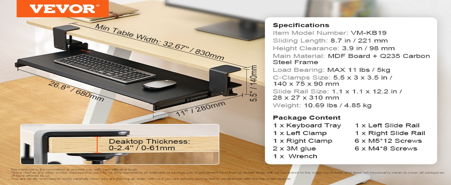 Висувна платформа для клавіатури VEVOR під стіл, 680 x 280 мм, з міцною C-клемою, для дому та офісу