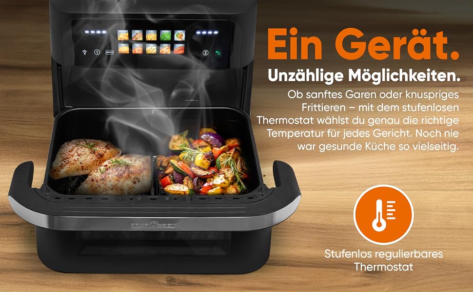 Аерофритюрниця ProfiCook PC FR 1313 H XXL з двома камерами, 10 л, 2400 Вт, сенсорний дисплей, 10 програм, чорна